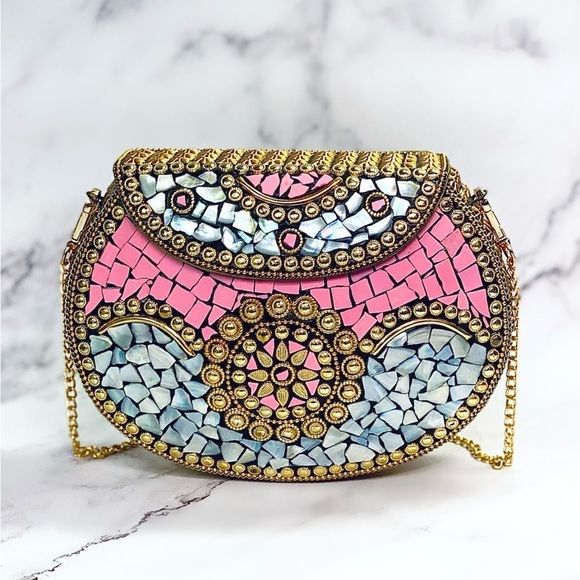 ramla Handbags - Ramla Beverly Hills Crossbody Clutch Pink Handmade Tiled Bag NWOT